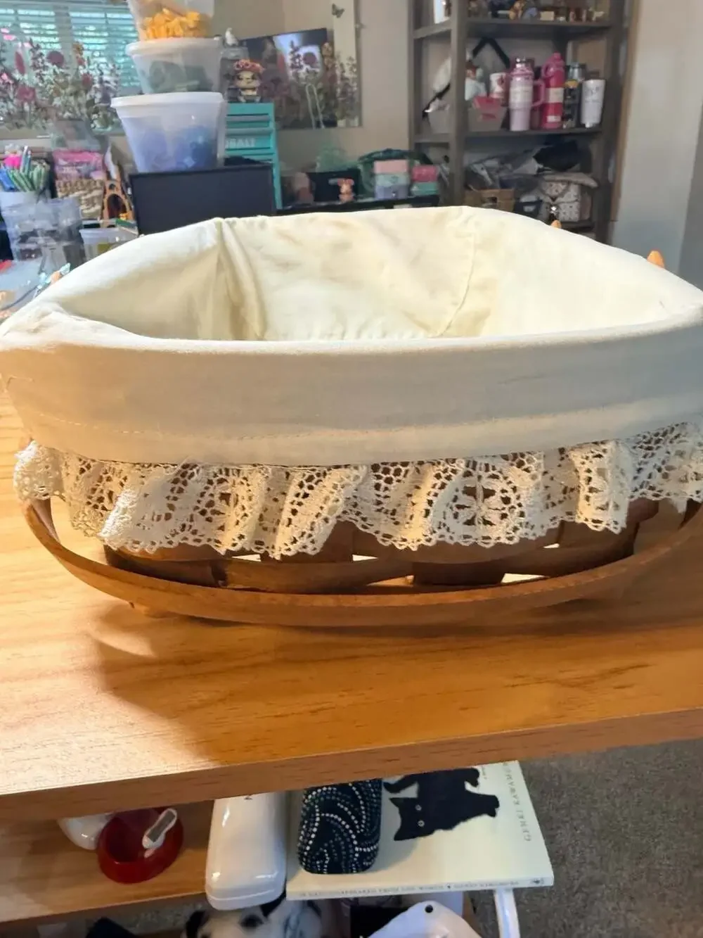 Vintage 1991 Longaberger Handled Basket with Lace-Trimmed Liner